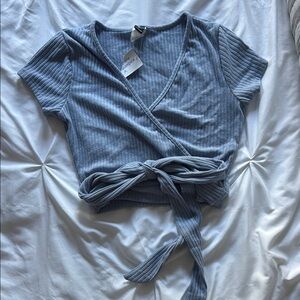 Women's Blue Wrap Top with tie on front